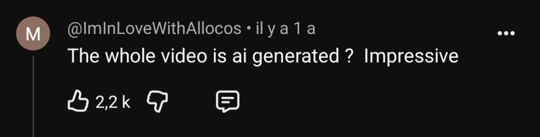 YouTube comment from @ImInLoveWithAllocos: The whole video is ai generated? Impressive &mdash; 2.2K likes.