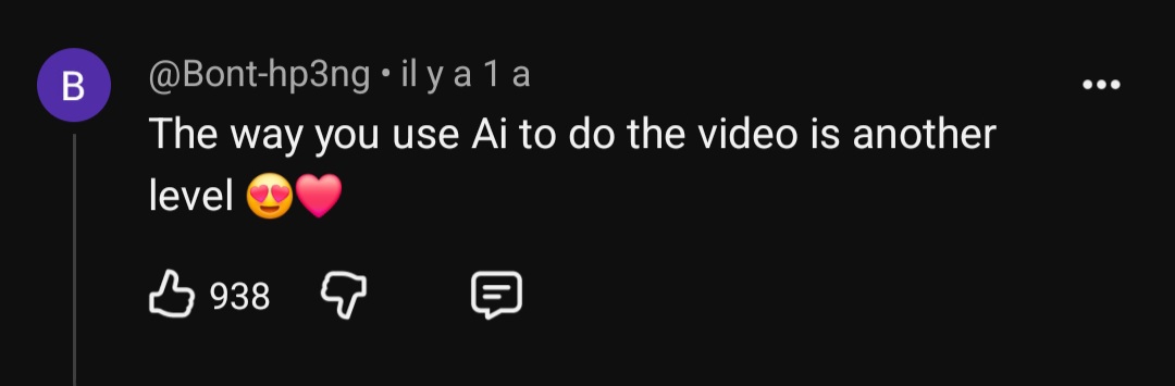 YouTube comment from @Bont-hp3ng: The way you use Ai to do the video is another level &mdash; 938 likes.